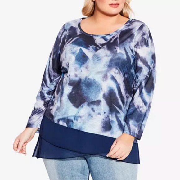 Avenue Tops - 18/20 (2X) - AVENUE - Abstract Blue Tie Dye Chiffon Trim Top Relaxed Fit NEW
